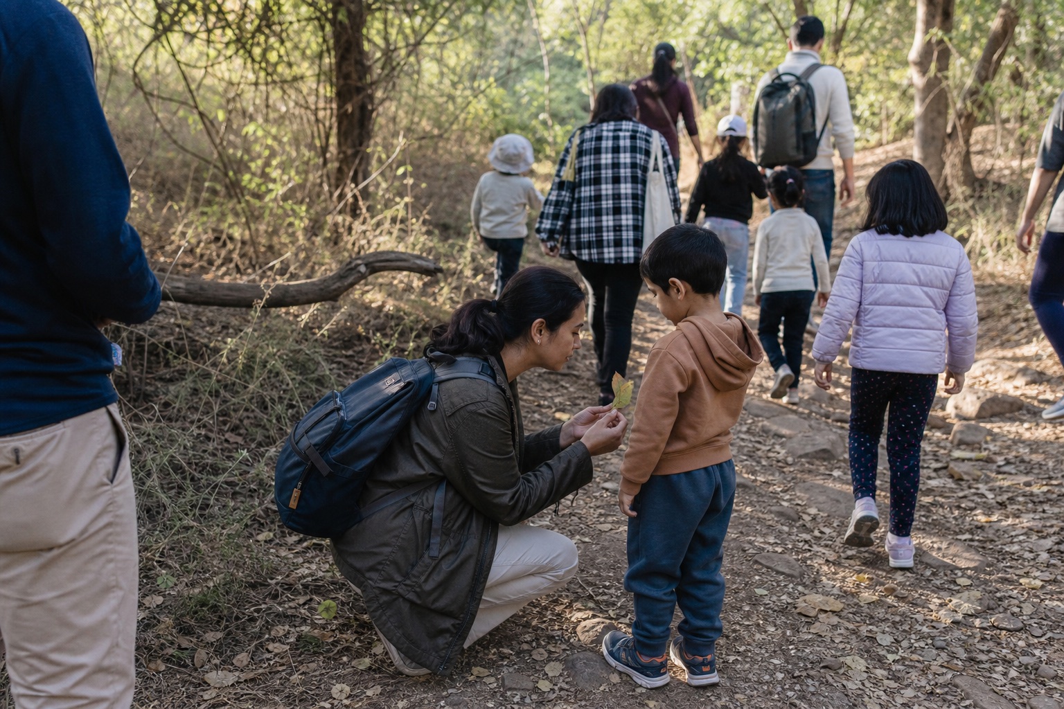 Children and parents learning together on a woodland trail
