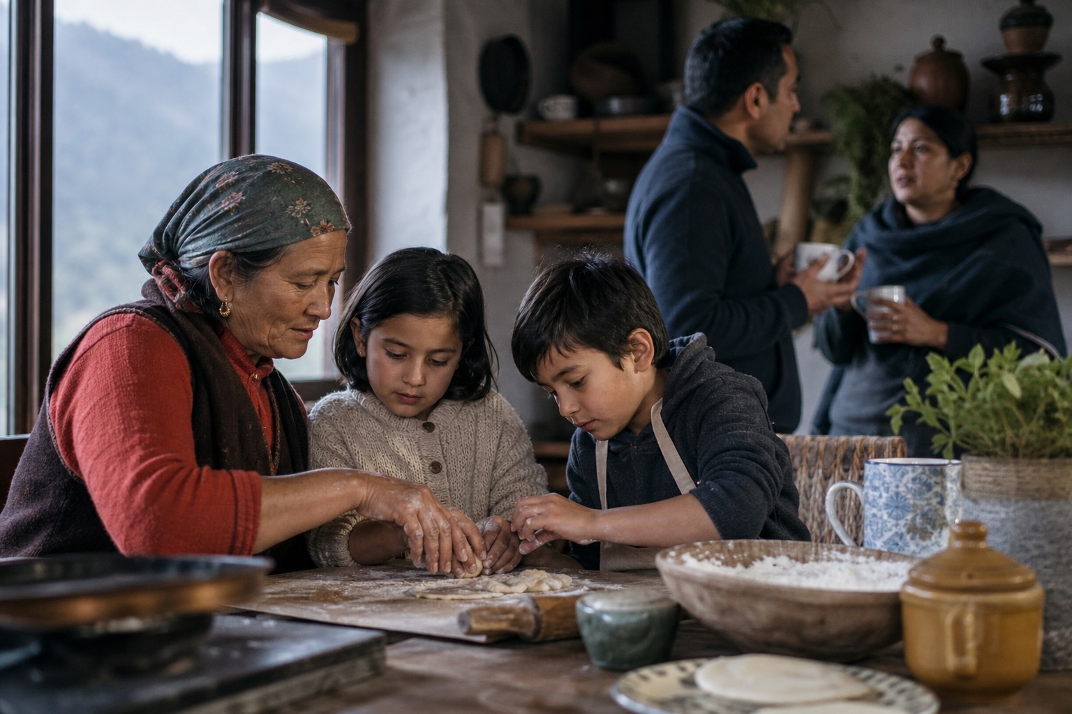 A grandparent teaching two children to cook in a mountain kitchen